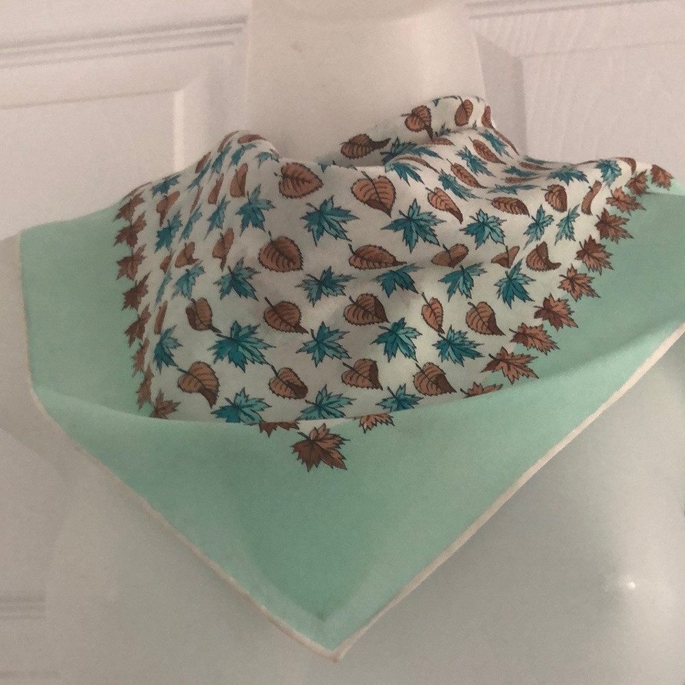 VTG Turquoise Silk Square Delicate Scarf, Bandana Foliage Pattern